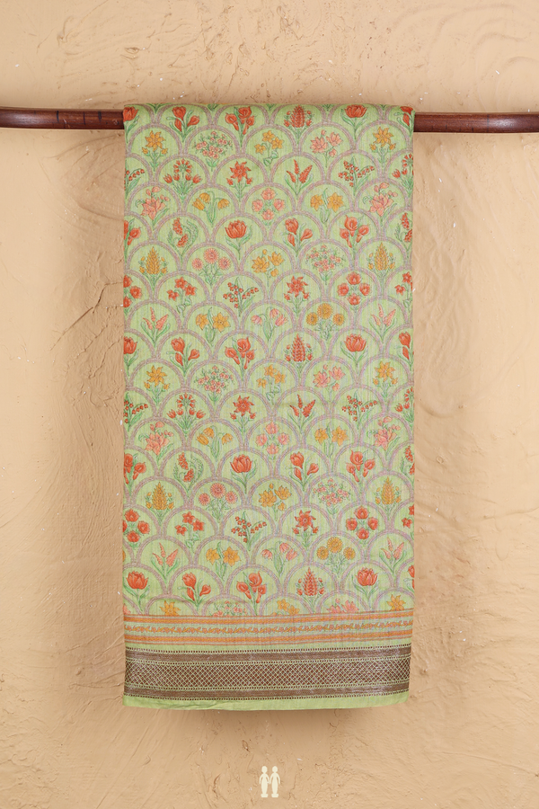 Chanderi Silk Cotton Saree In Light Green With Floral Design