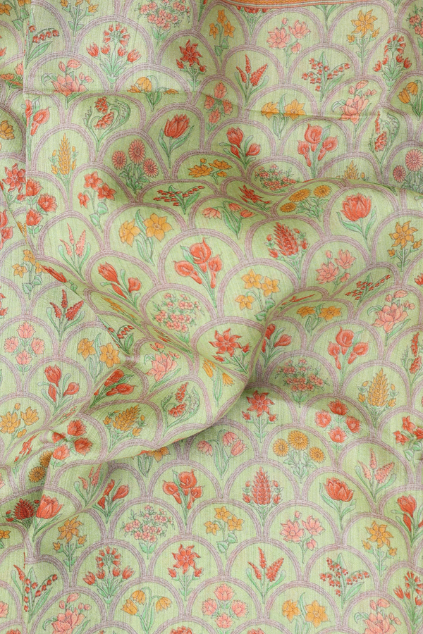Chanderi Silk Cotton Saree In Light Green With Floral Design
