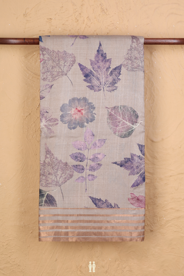 Tussar Silk Saree In Cream Color With Leaf Design