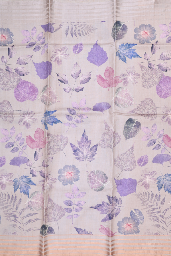 Tussar Silk Saree In Cream Color With Leaf Design