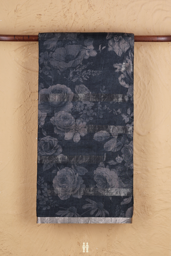 Tussar Silk Saree Charcoal Grey With Floral Printed Design