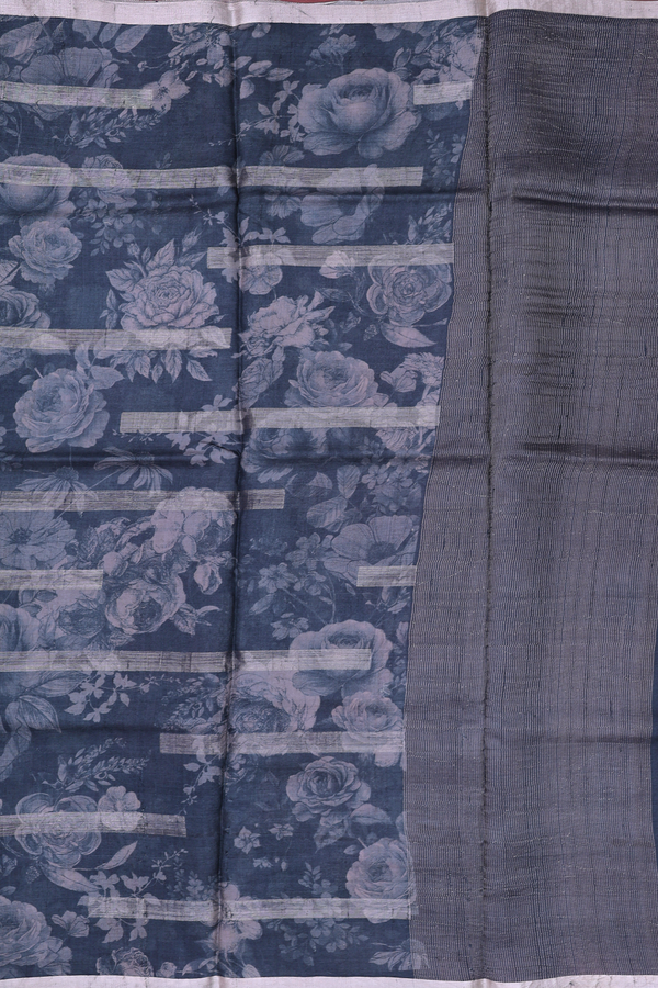 Tussar Silk Saree Charcoal Grey With Floral Printed Design