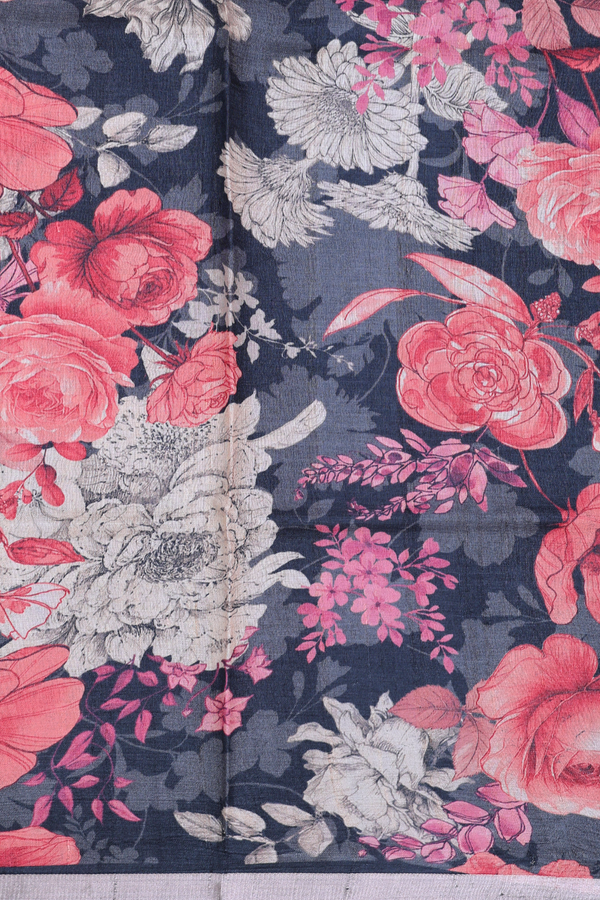 Tussar Silk Saree Charcoal Grey With Floral Printed Design
