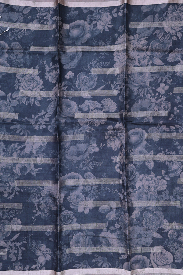 Tussar Silk Saree Charcoal Grey With Floral Printed Design