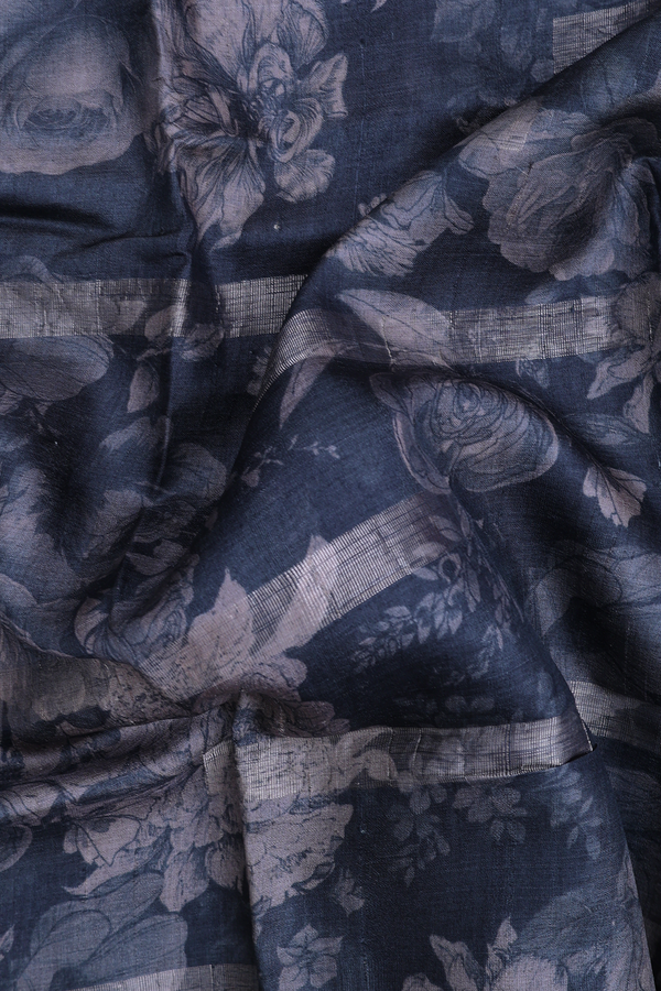 Tussar Silk Saree Charcoal Grey With Floral Printed Design