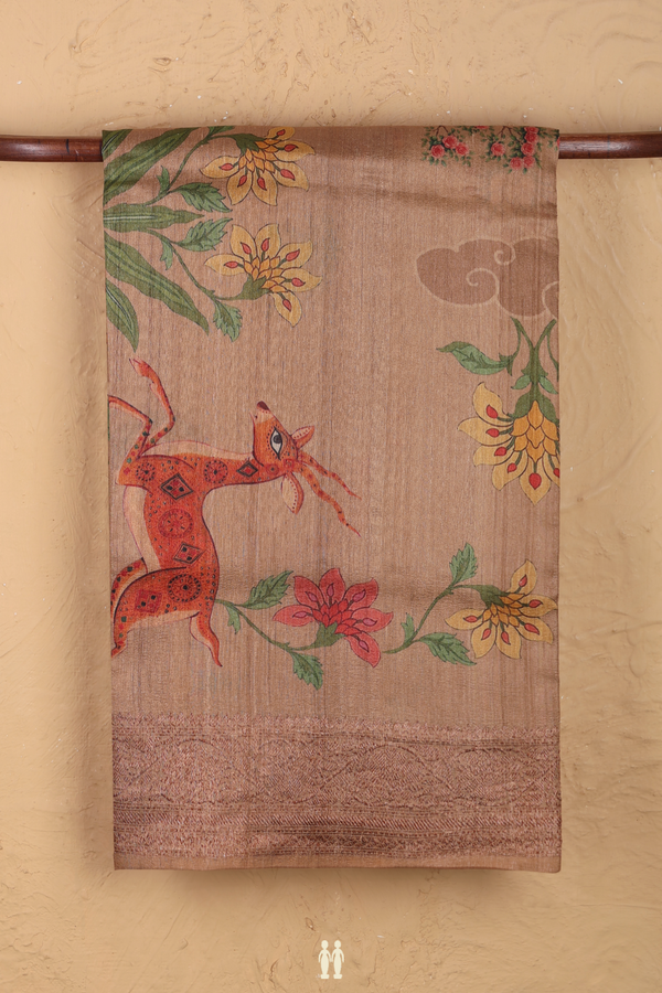 Tussar Silk Saree In Light Brown With Printed Design