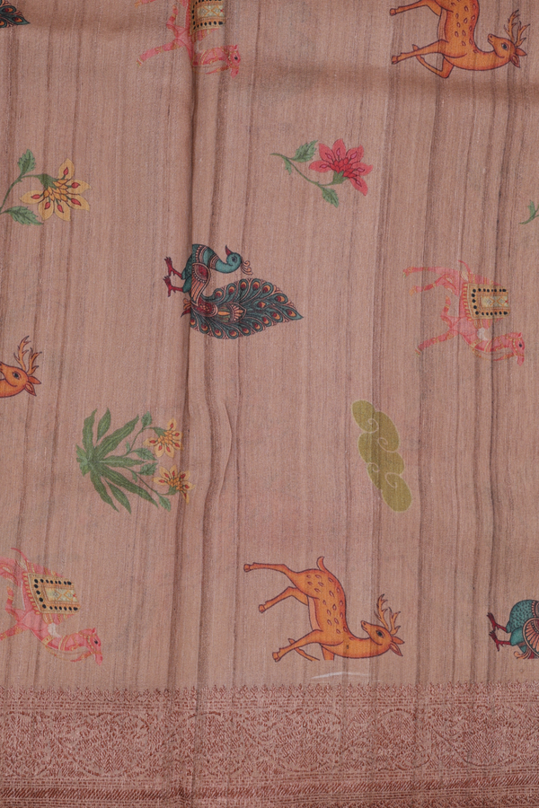 Tussar Silk Saree In Light Brown With Printed Design