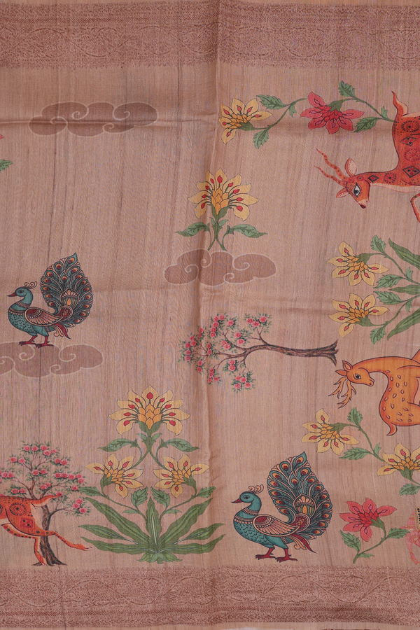 Tussar Silk Saree In Light Brown With Printed Design