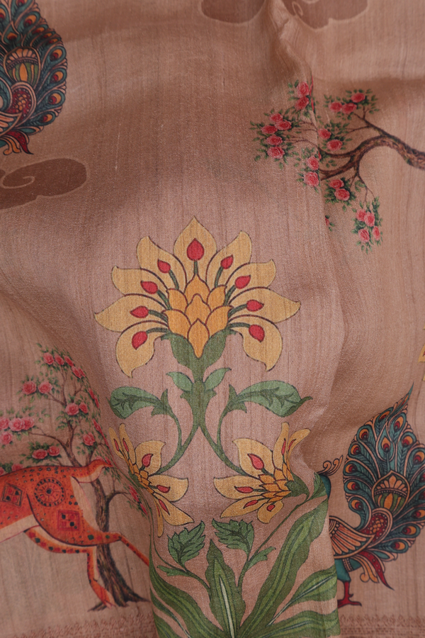 Tussar Silk Saree In Light Brown With Printed Design