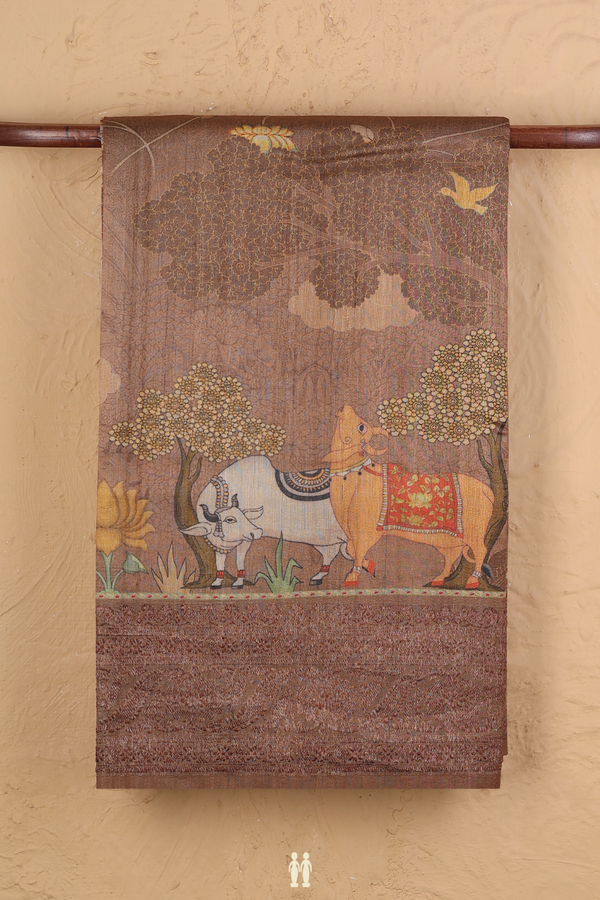 Tussar Silk Saree In Brown With Cow Printed Design