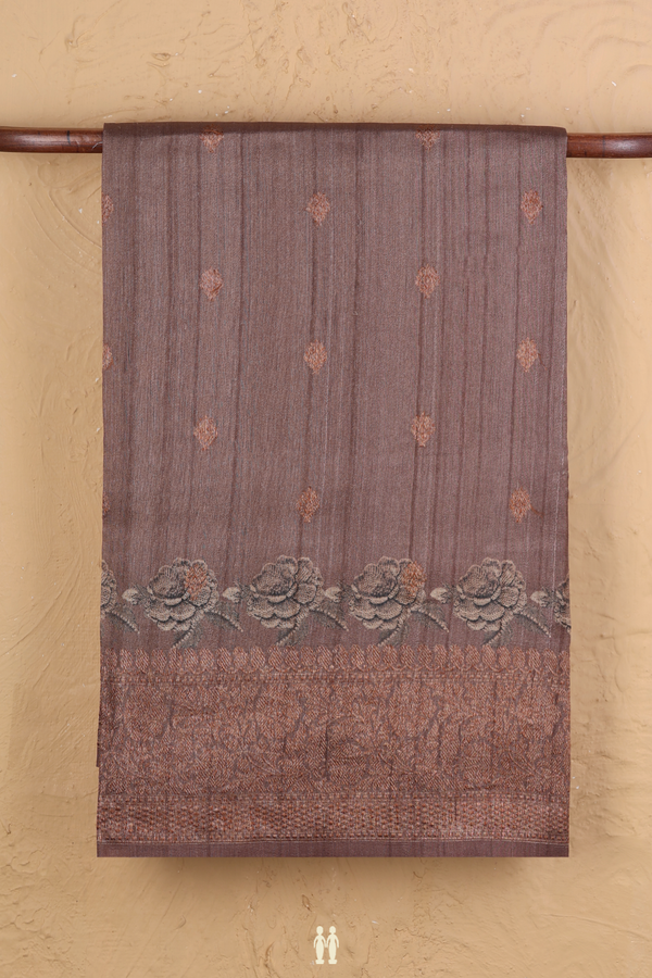 Tussar Silk Saree In Brown With Zari Buttas