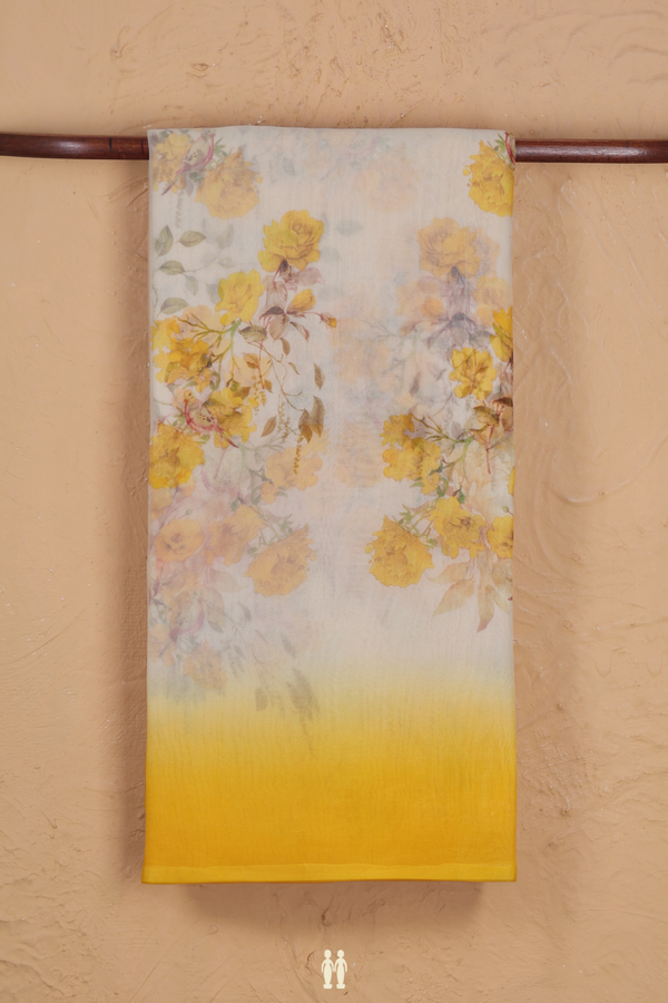 Organza Silk Saree In Off White With Floral Design