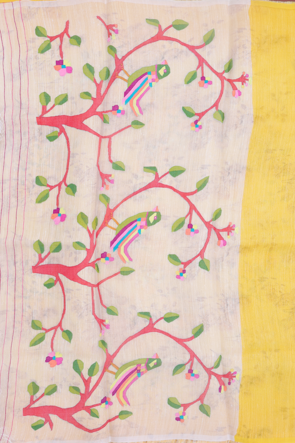 Organza Silk Saree In Off White With Floral Design
