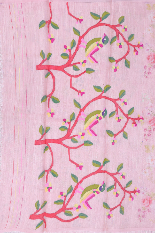 Organza Silk Saree In Peach Pink With Floral Design