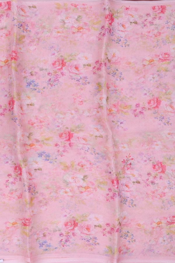 Organza Silk Saree In Peach Pink With Floral Design