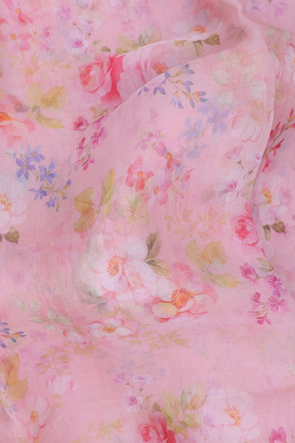 Organza Silk Saree In Peach Pink With Floral Design