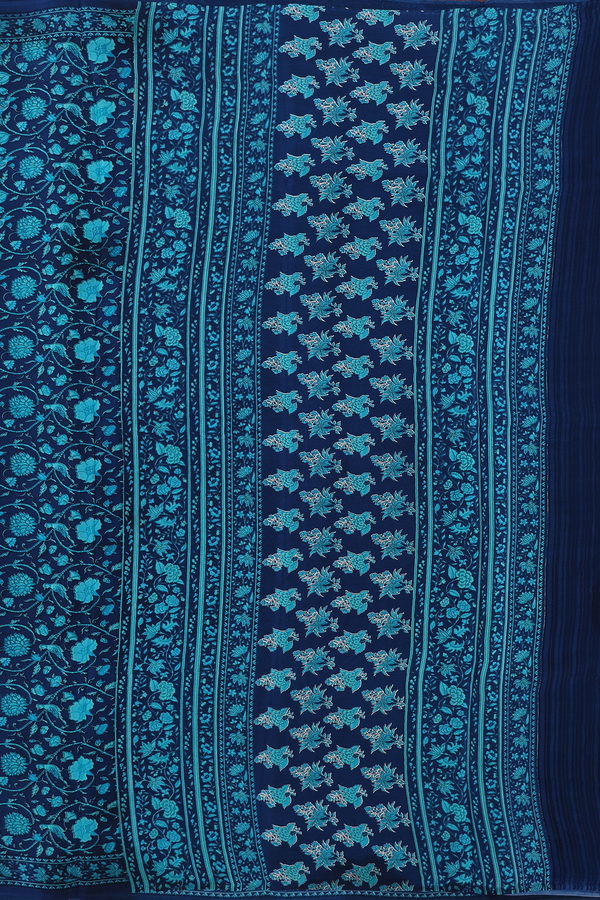 Crepe Saree In Navy Blue With Floral Printed Design