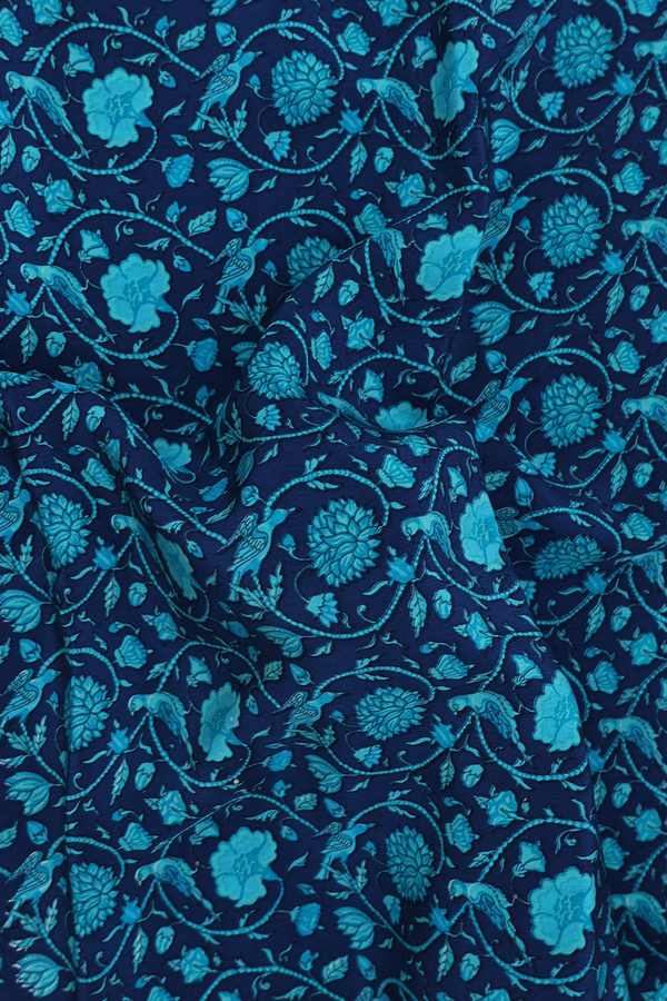 Crepe Saree In Navy Blue With Floral Printed Design