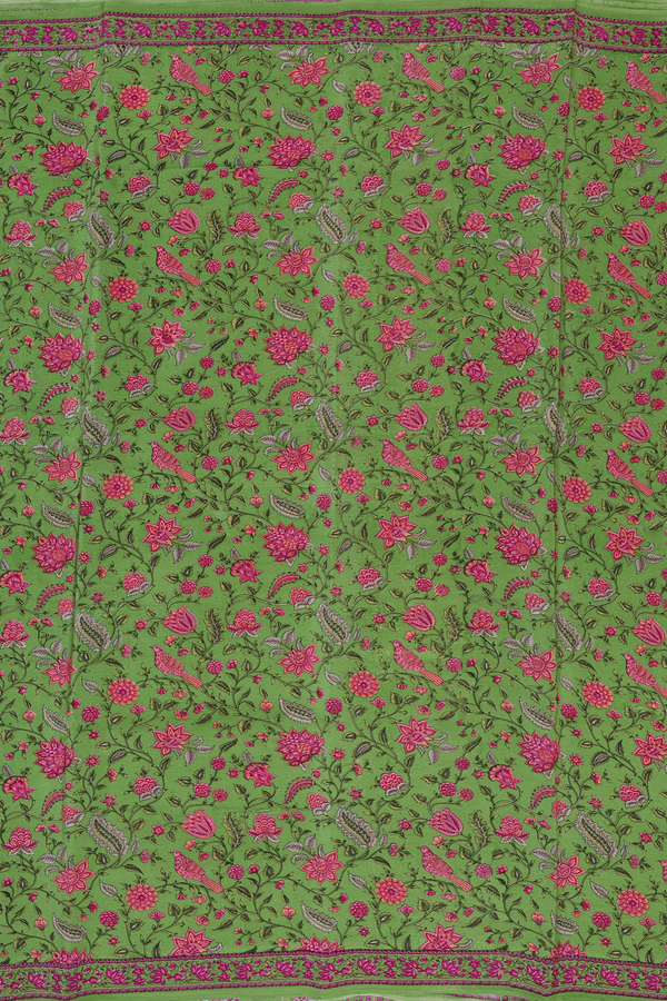 Crepe Saree In Parrot Green With Botanical Design