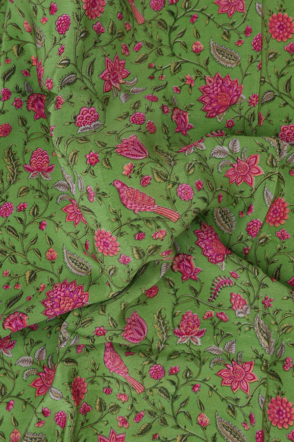 Crepe Saree In Parrot Green With Botanical Design