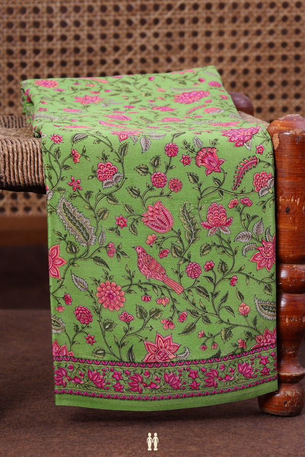 Crepe Saree In Parrot Green With Botanical Design