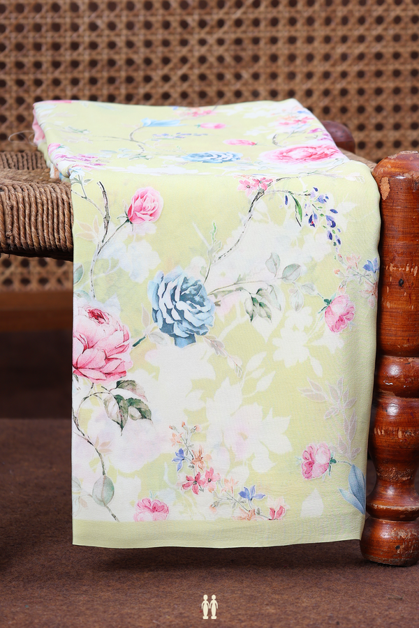 Crepe Saree In Pale Yellow With Floral Design