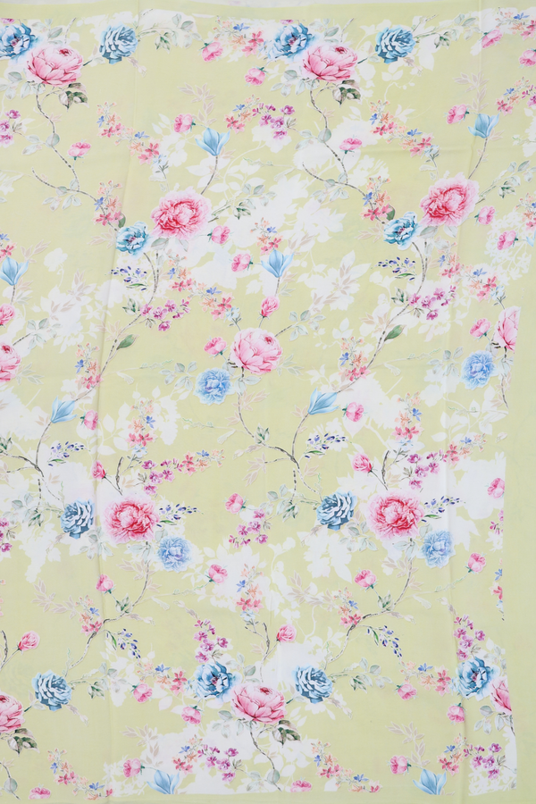 Crepe Saree In Pale Yellow With Floral Design