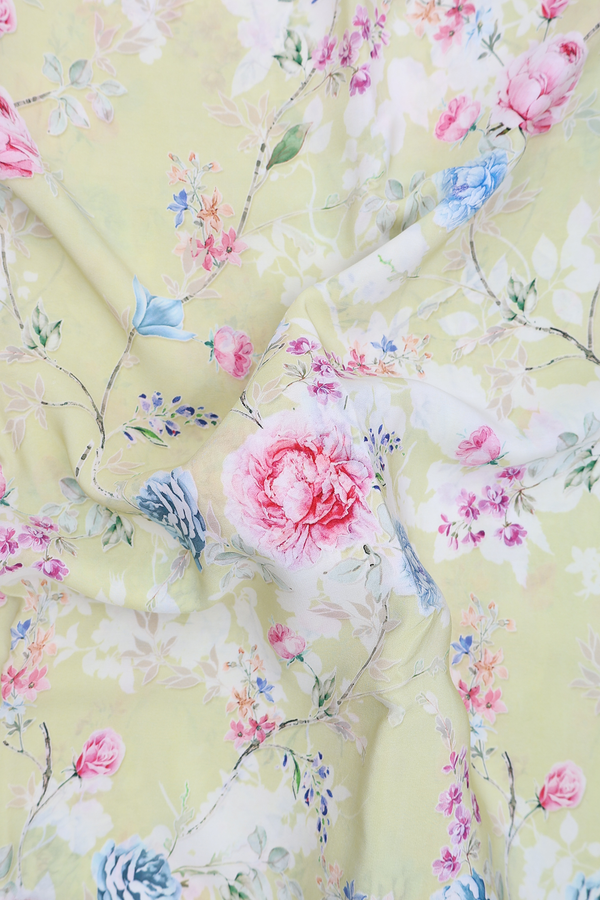 Crepe Saree In Pale Yellow With Floral Design