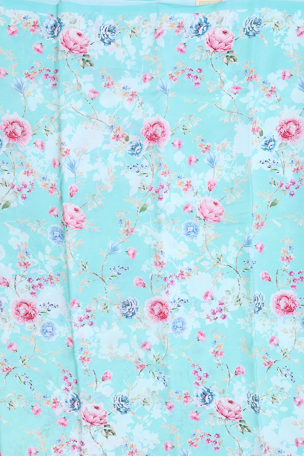 Crepe Saree In Pastel Blue With Floral Printed Design