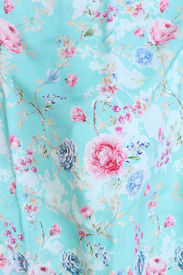 Crepe Saree In Pastel Blue With Floral Printed Design