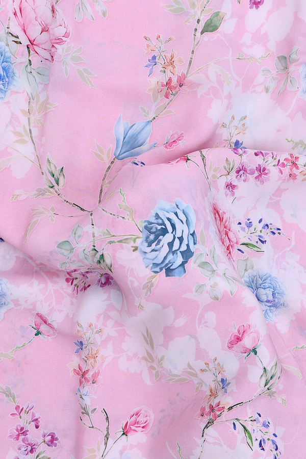 Crepe Saree In Pink With Floral Design