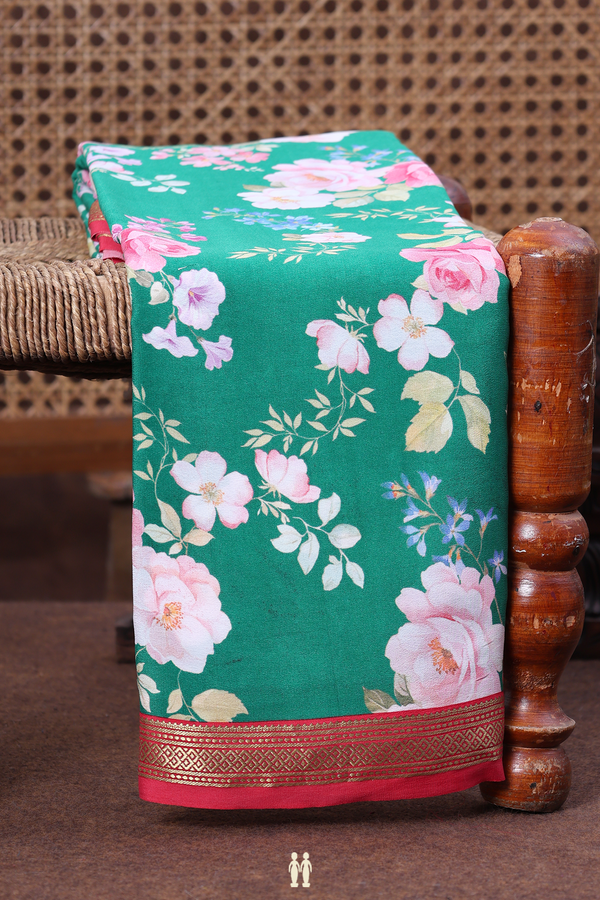 Crepe Saree In Forest Green With Floral Design