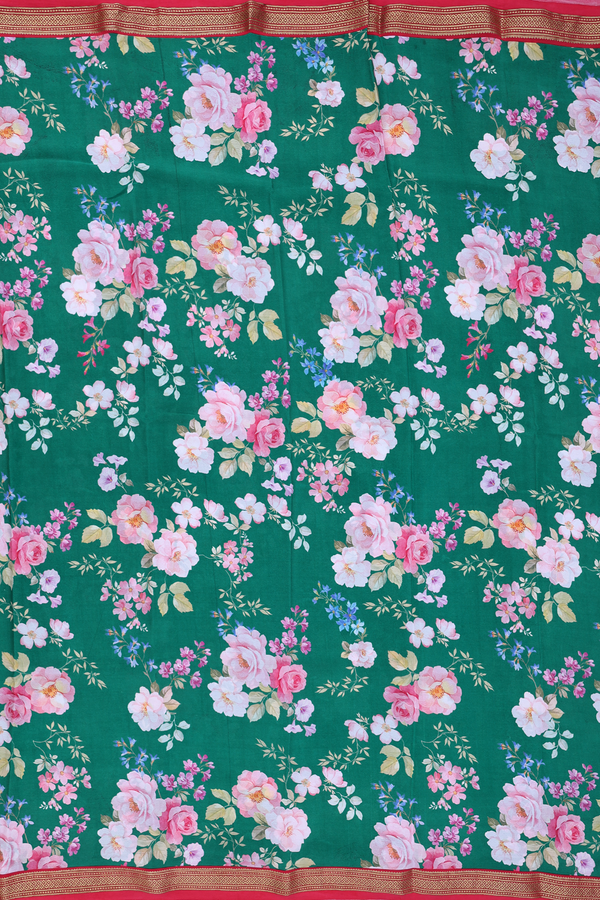 Crepe Saree In Forest Green With Floral Design