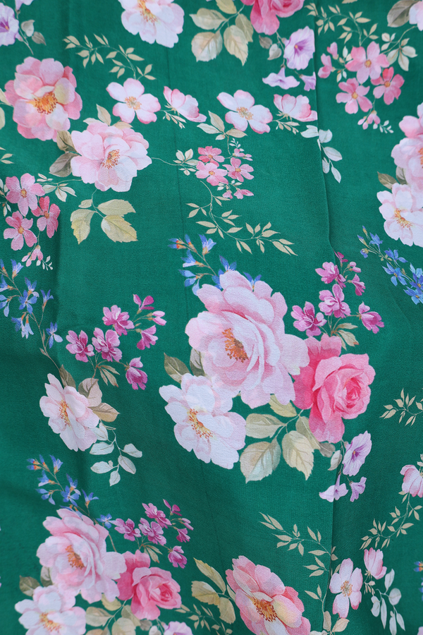 Crepe Saree In Forest Green With Floral Design