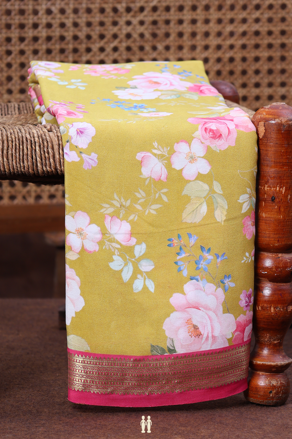 Crepe Saree In Dark Yellow With Floral Design
