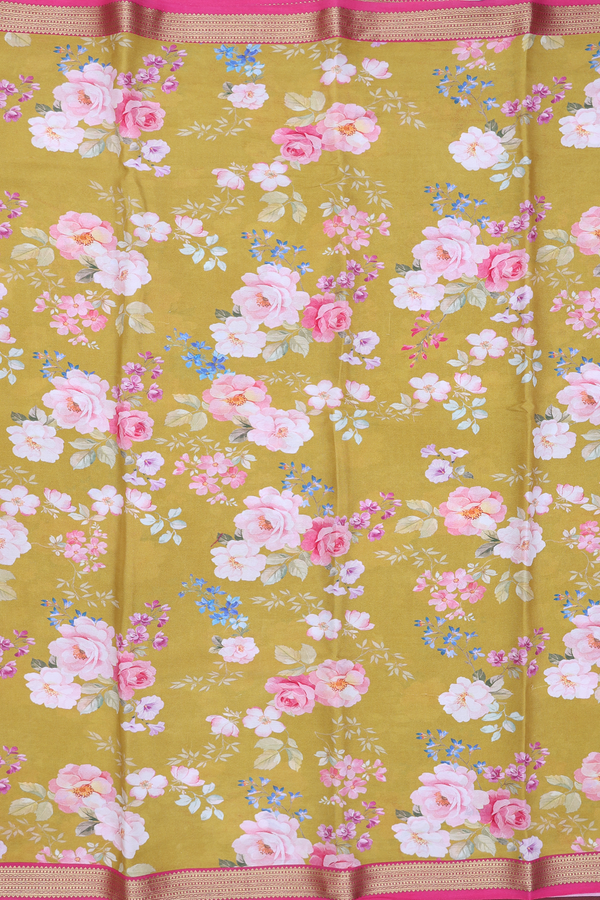 Crepe Saree In Dark Yellow With Floral Design