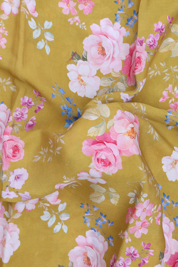Crepe Saree In Dark Yellow With Floral Design