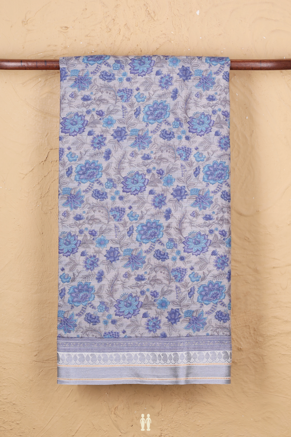 Chanderi Silk Cotton Saree In Grey With Floral Design