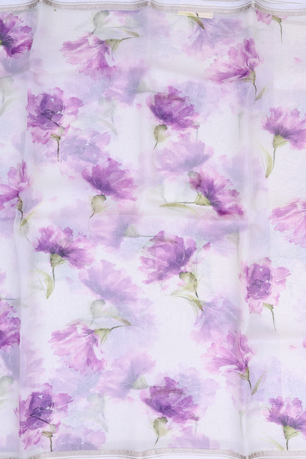 Organza Silk Saree In White With Floral Printed Design