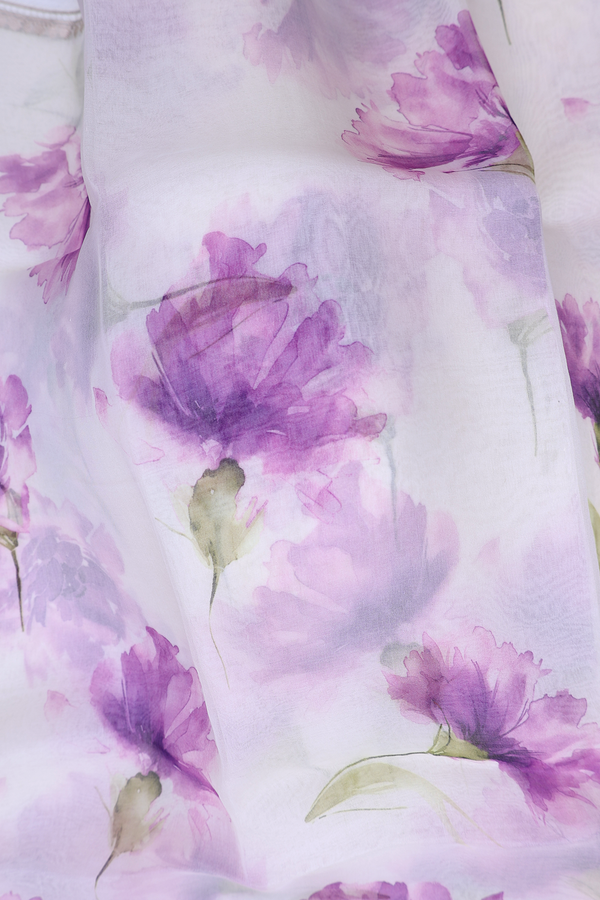Organza Silk Saree In White With Floral Printed Design