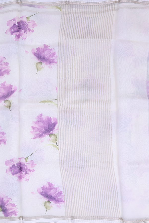Organza Silk Saree In White With Floral Printed Design