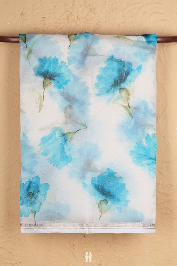 Organza Silk Saree In White With Floral Printed Design