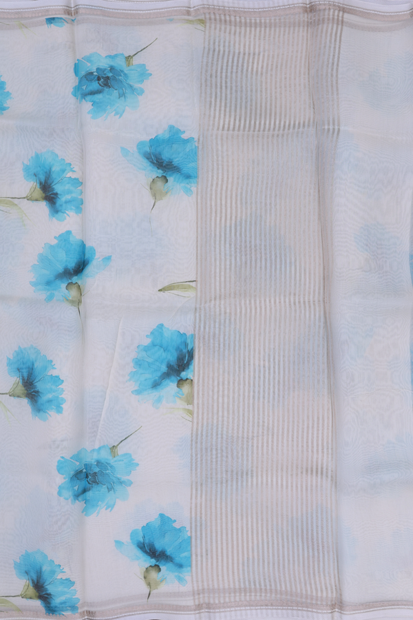 Organza Silk Saree In White With Floral Printed Design