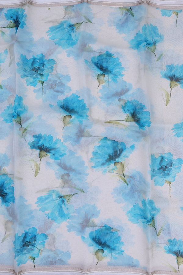 Organza Silk Saree In White With Floral Printed Design