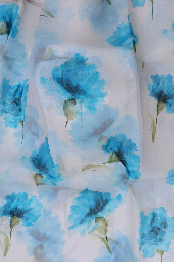 Organza Silk Saree In White With Floral Printed Design
