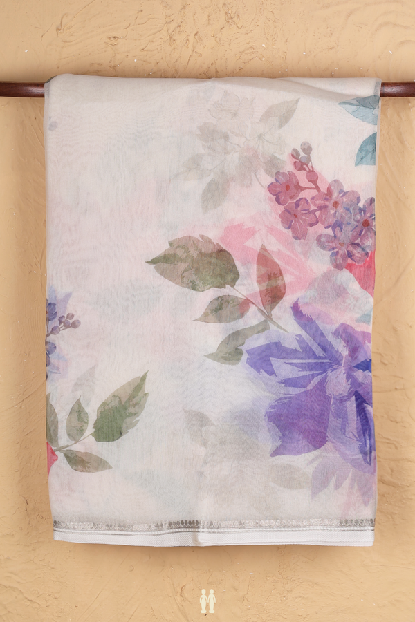 Organza Silk Saree In White With Floral Printed Design