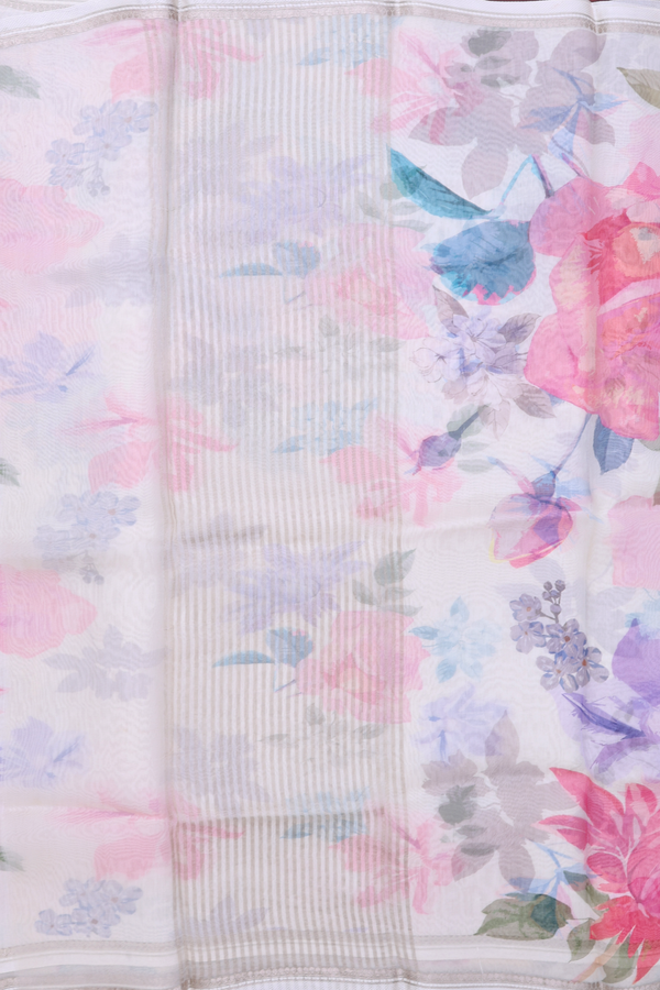 Organza Silk Saree In White With Floral Printed Design