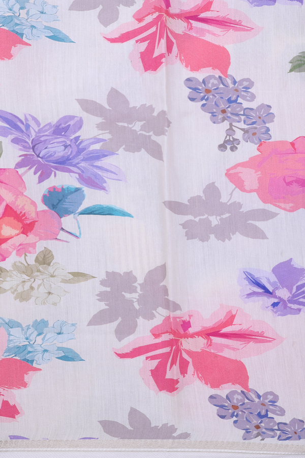 Organza Silk Saree In White With Floral Printed Design