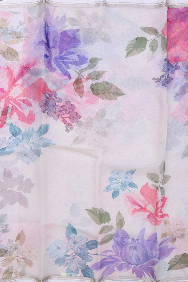 Organza Silk Saree In White With Floral Printed Design