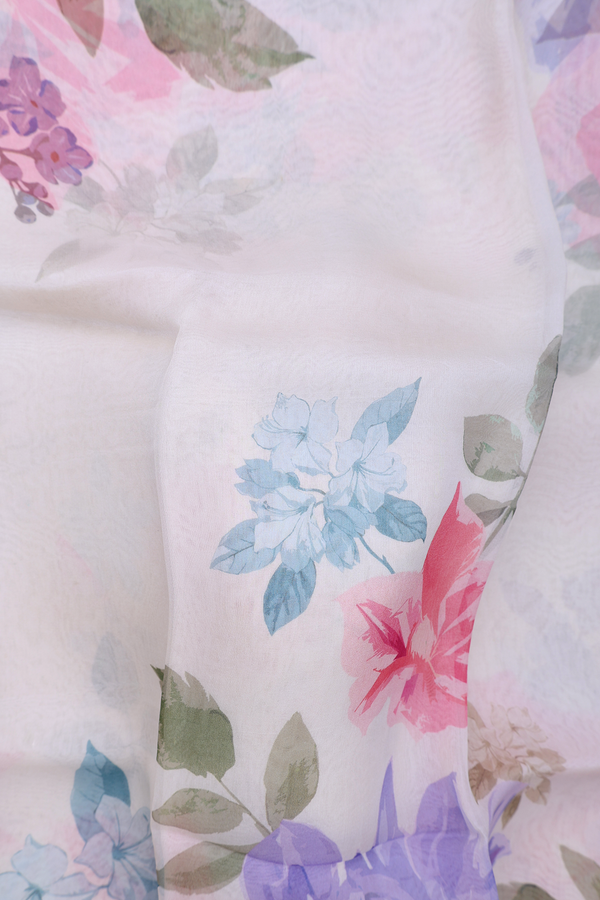 Organza Silk Saree In White With Floral Printed Design